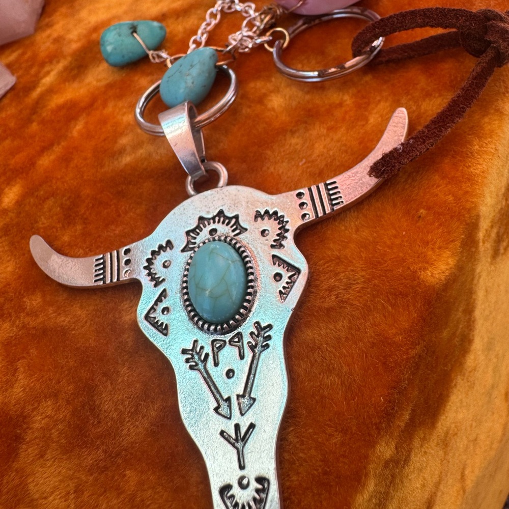 Turquoise Stone Bull Skull Keychain handmade with love